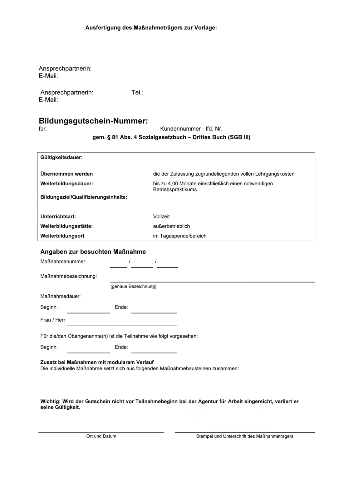 Beispiel eines Bildungsgutscheins der Agentur für Arbeit